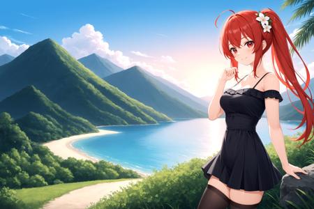 00087-4236503707-1girl, ahoge, bangs, bare shoulders, beach, black legwear, blue sky, blush, breasts, bush, cliff, cloud, cloudy sky, day, eyebro.jpg